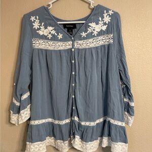 Karen Kane Blue Blouse with White Lace Accents